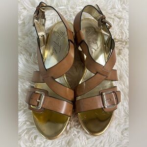 Marc Fisher Tan and Gold Sandals with Cross Straps